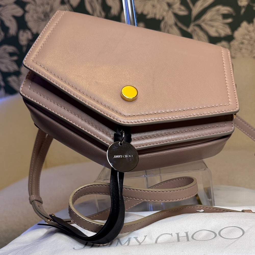 Jimmy Choo Authentic Taupe Crossbody Bag w/Metallic Interior, Dusty, Auth Card